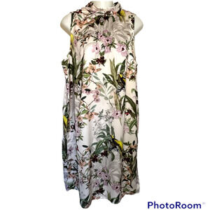 H & M BEAUTIFUL FLORAL & BIRD PRINT TIE BACK SHEATH DRESS SIZE MEDIUM
